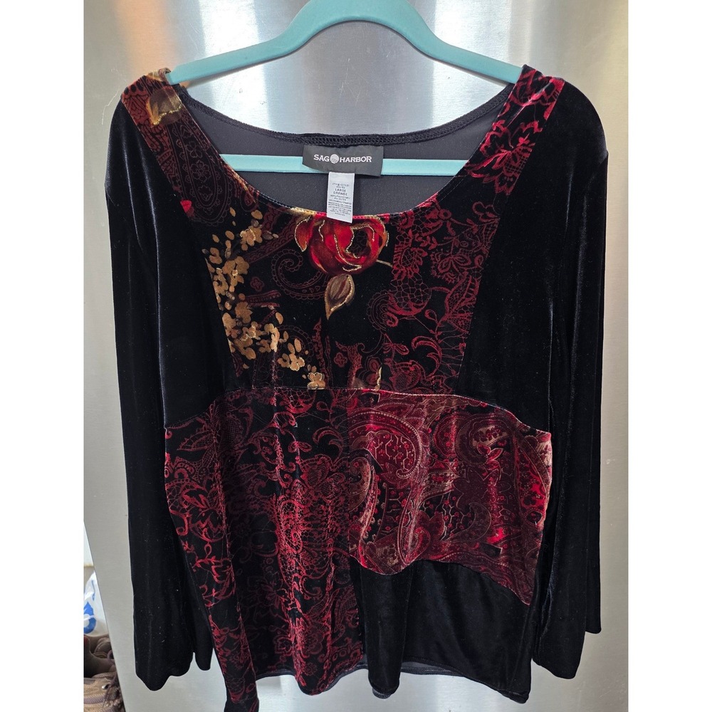 Sag Harbor Women Large Top Black Red Velvet Floral Paisley Long Sleeve H33160